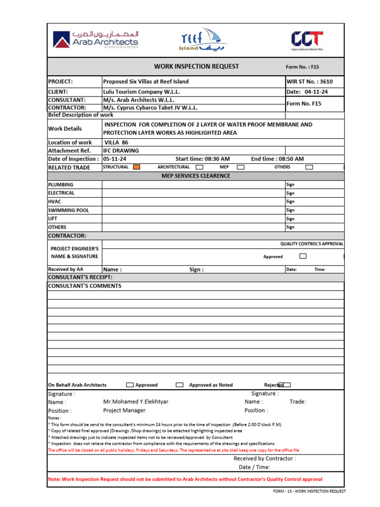 Work Inspection Request for Reef Villas | PDF