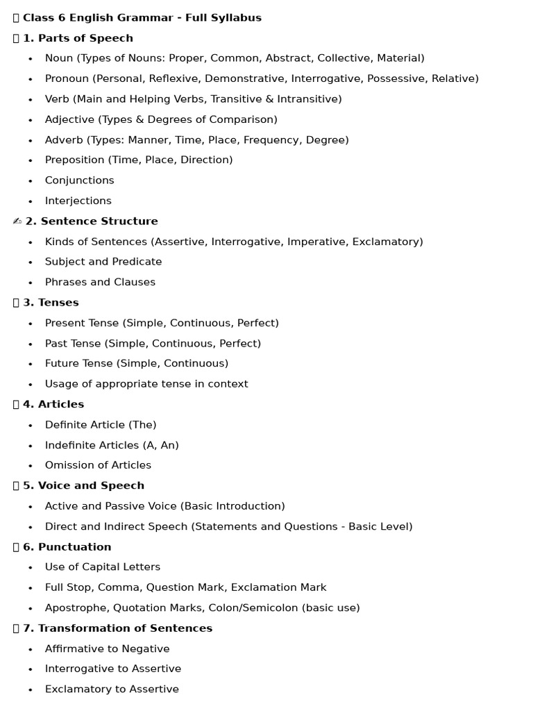 Class 6 English Grammar Syllabus | PDF
