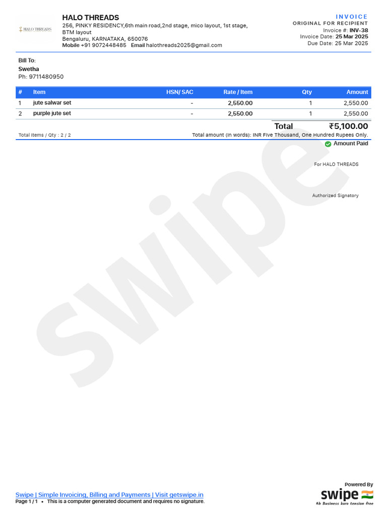 Invoice Halo Threads INV 38 | PDF