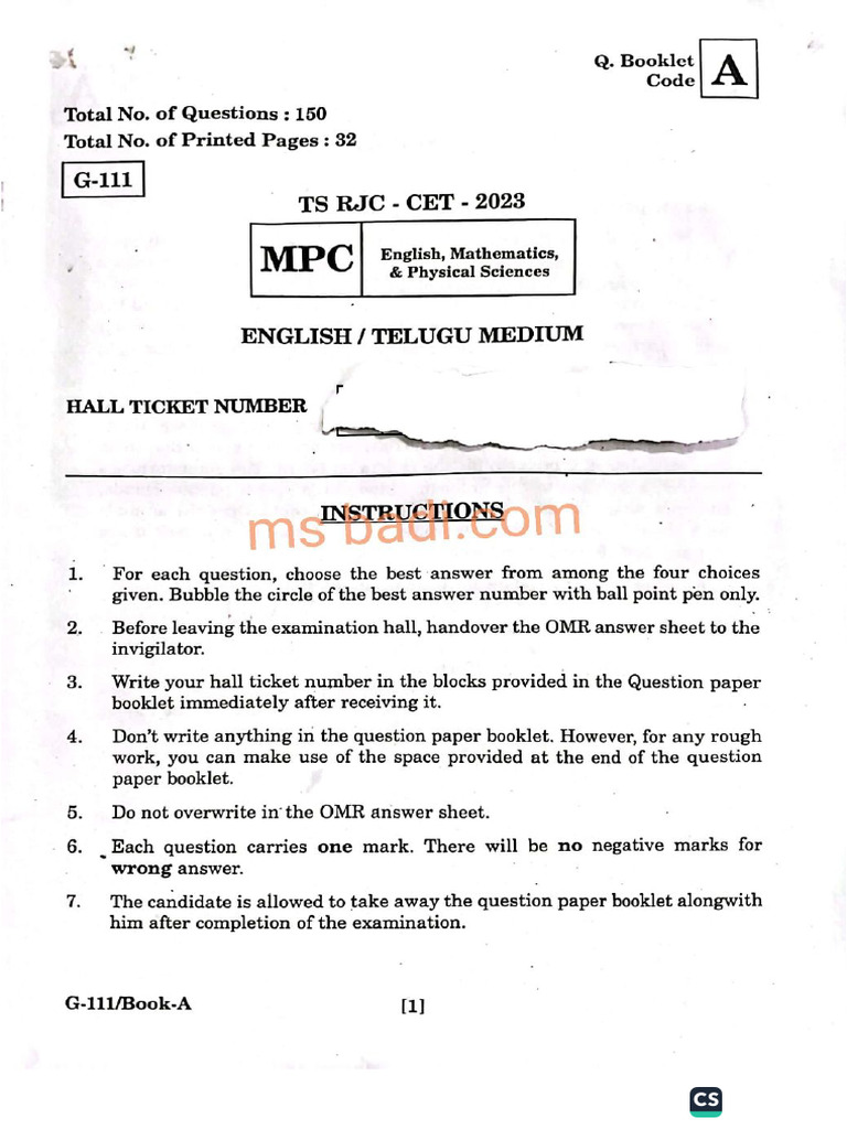 TSRJC 2023 MPC Question Paper With Key | PDF