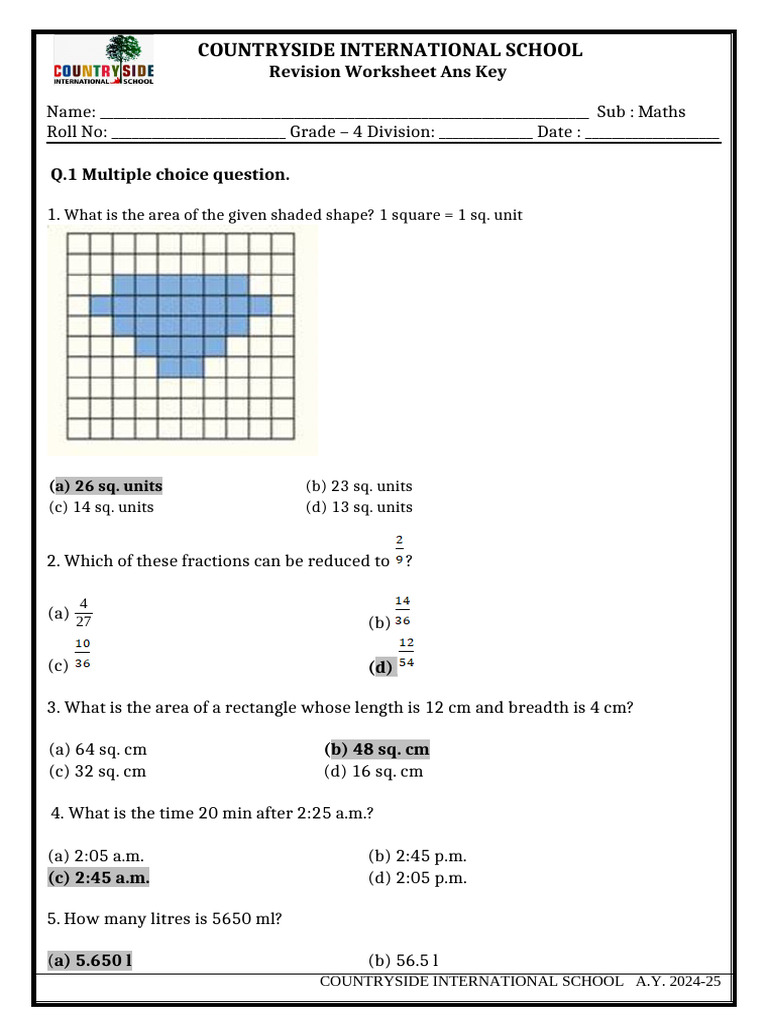 Grade 4 Maths Revision Worksheet Answers | PDF | Area | Quantity