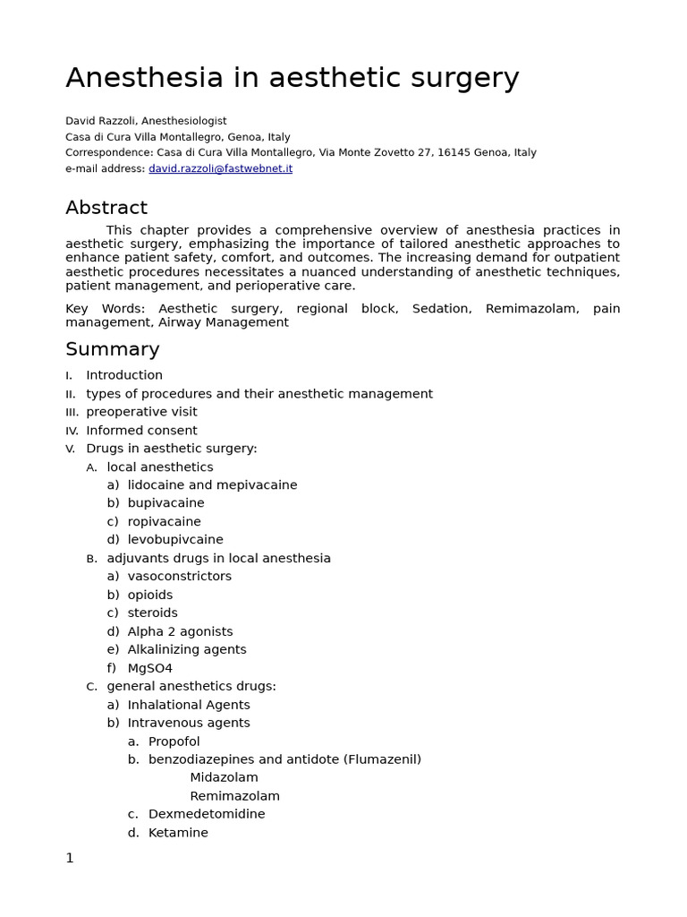 Anesthesia in Aesthetic Surgery | PDF | Anesthesia | Surgery