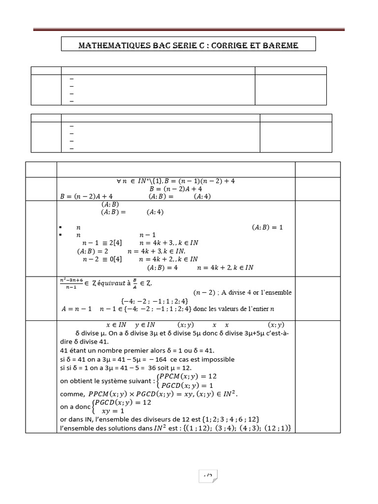 Corrigé Mathématiques Bac Série C 2025 | PDF | Analyse mathématique ...