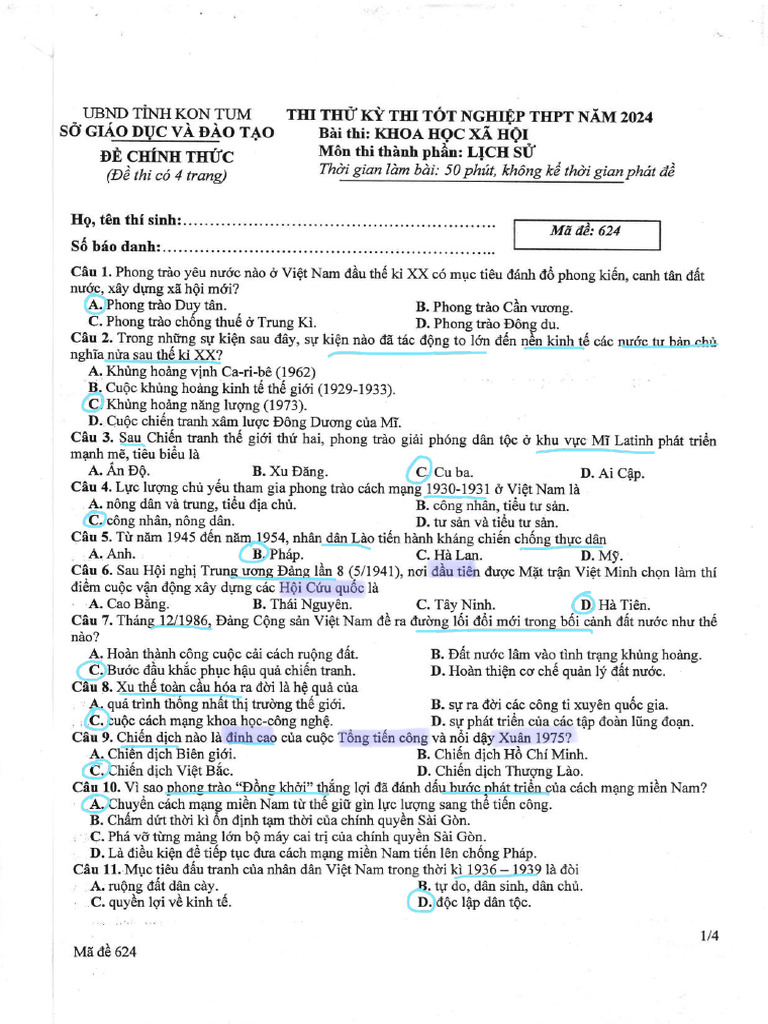 Đề Sử thi thử TN TNPT 2024 | PDF