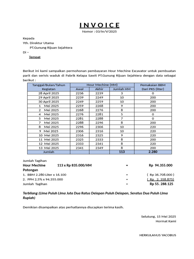 Invoice Pembayaran Hour Machine 2025 | PDF