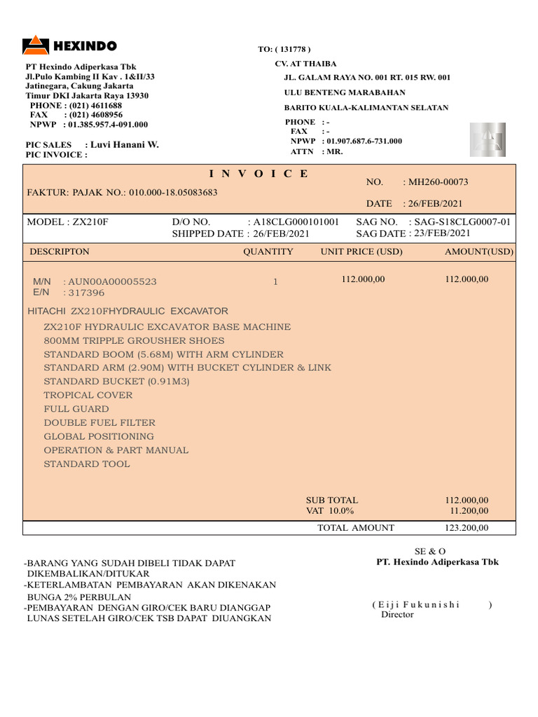 Invoice Hexindo Hitachi ZX 210 F CV THAIBA | PDF | Construction