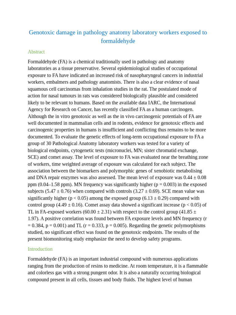 Genotoxic Damage in Pathology Anatomy Laboratory Workers Exposed To ...