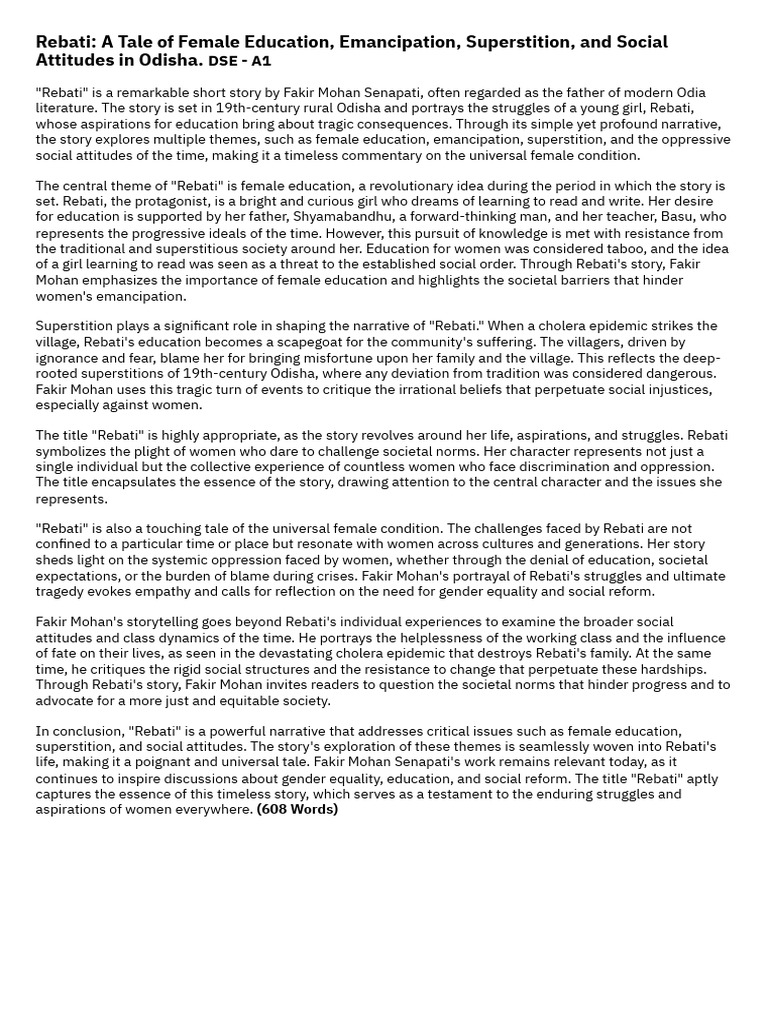(DSE - A1) Rebati A Tale of Female Education, Emancipation ...