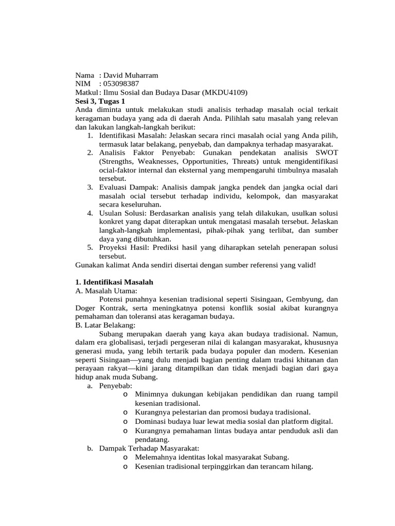 Ilmu Sosial Budaya Dasar - Sesi 3 Tugas 1 - David Muharram - 053098387 ...