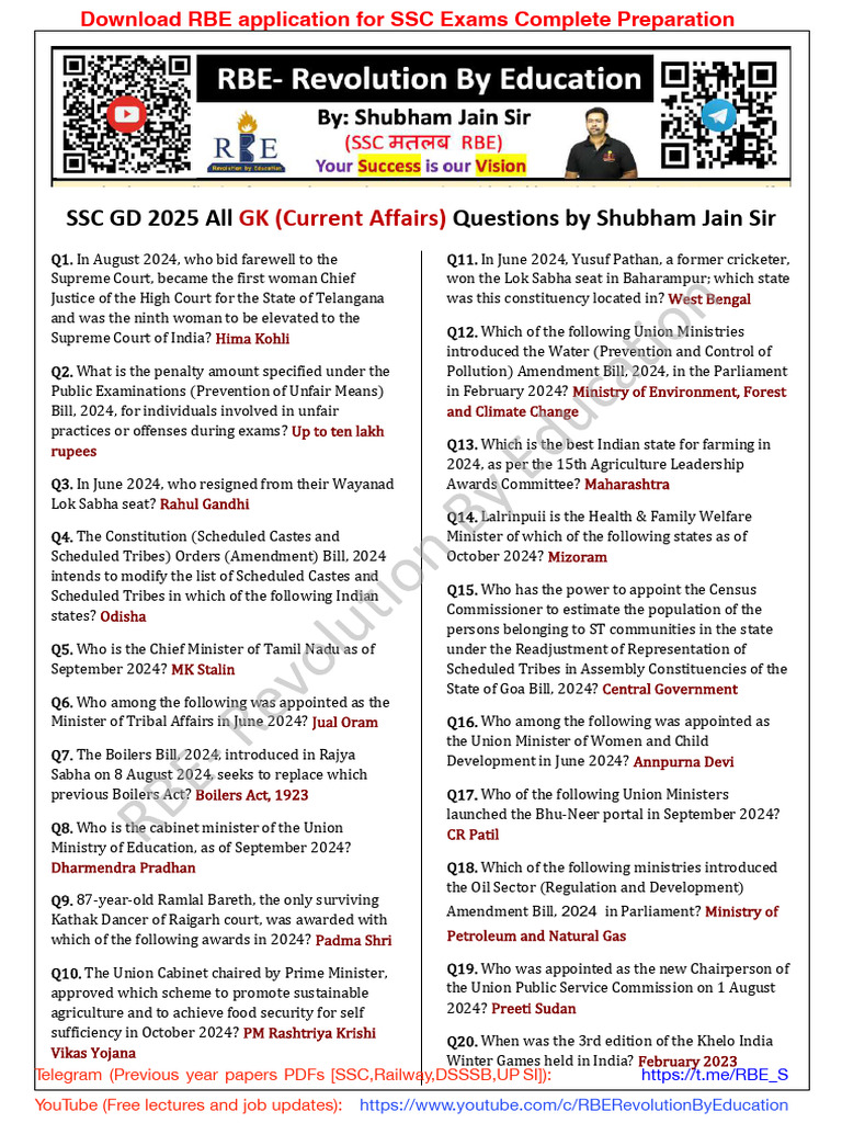 SSC GD 2025 Current Affairs Questions | PDF | Government Of India