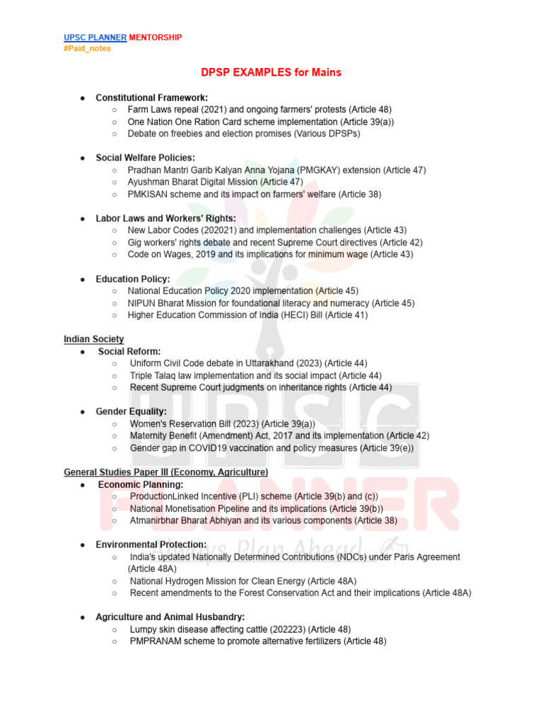 DPSP Examples for UPSC Preparation | PDF | Labour Law | Economies