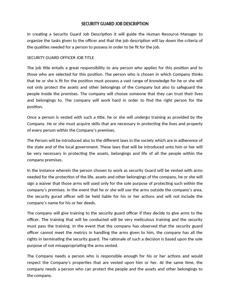 Security Guard Job Description | PDF | Security Guard | Skill
