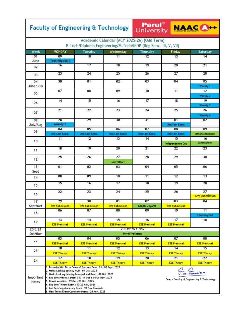 Engineering Academic Calendar 2025-26 | PDF
