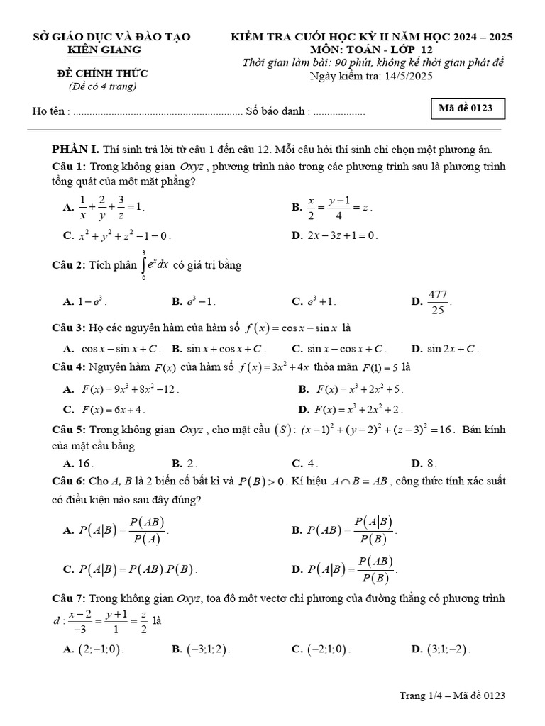 De Cuoi Hoc Ky 2 Toan 12 Nam 2024 2025 So GDDT Kien Giang | PDF