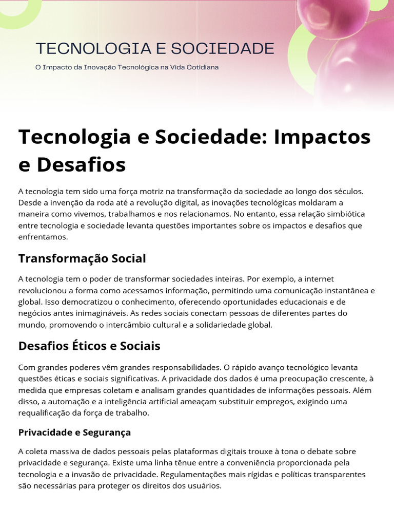 Impactos da Tecnologia na Sociedade | PDF | Sociologia | Sociedade