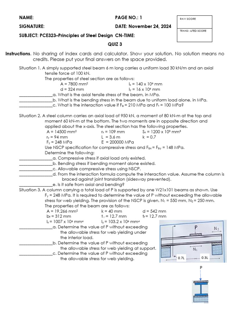 PCE323 Principles of Steel Design Midterm DAY 7 Quiz 3 Word 2024 2025 ...