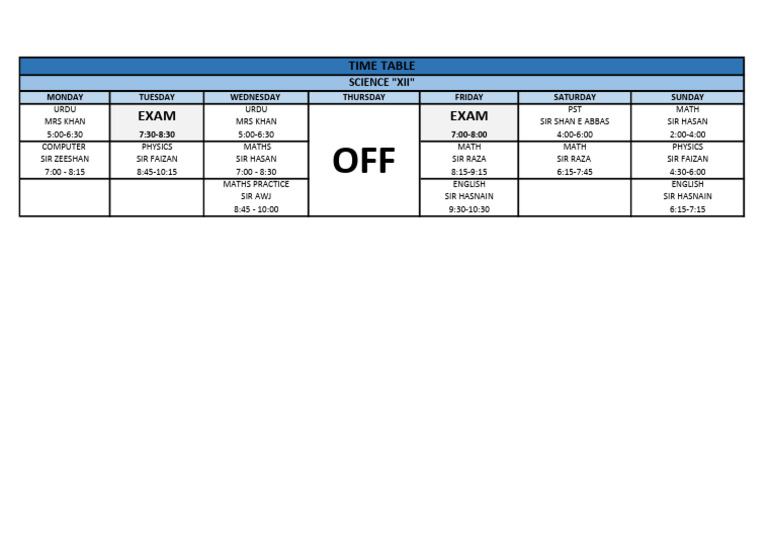 XII Timetable 7th October | PDF