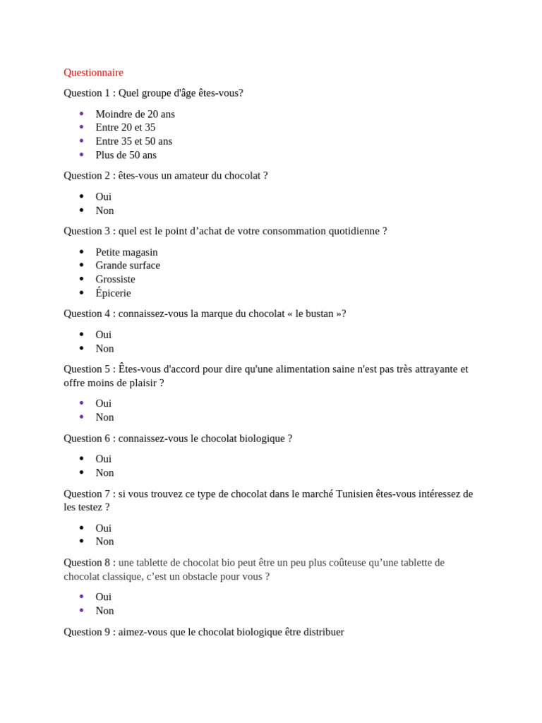 Questionnaire sur la consommation de chocolat | PDF