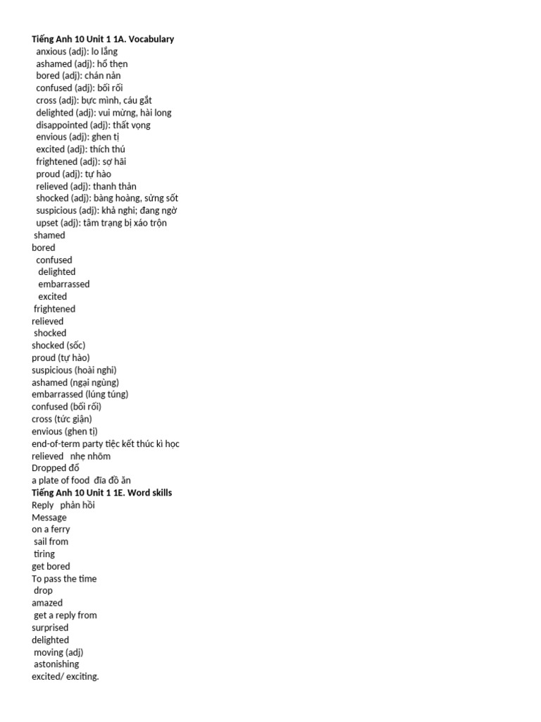 Tiếng Anh 10 Unit 1 1A VOCAB- WS-READING | PDF