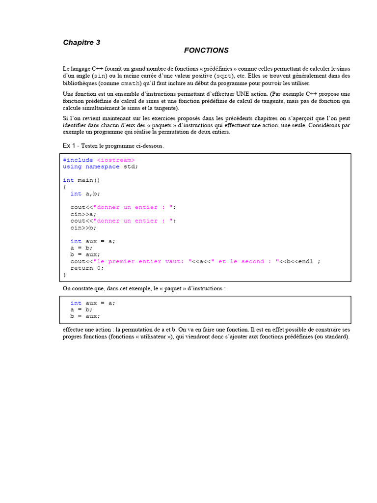 Fonctions en C++ : Construction et Utilisation | PDF | C ++ | Programme ...