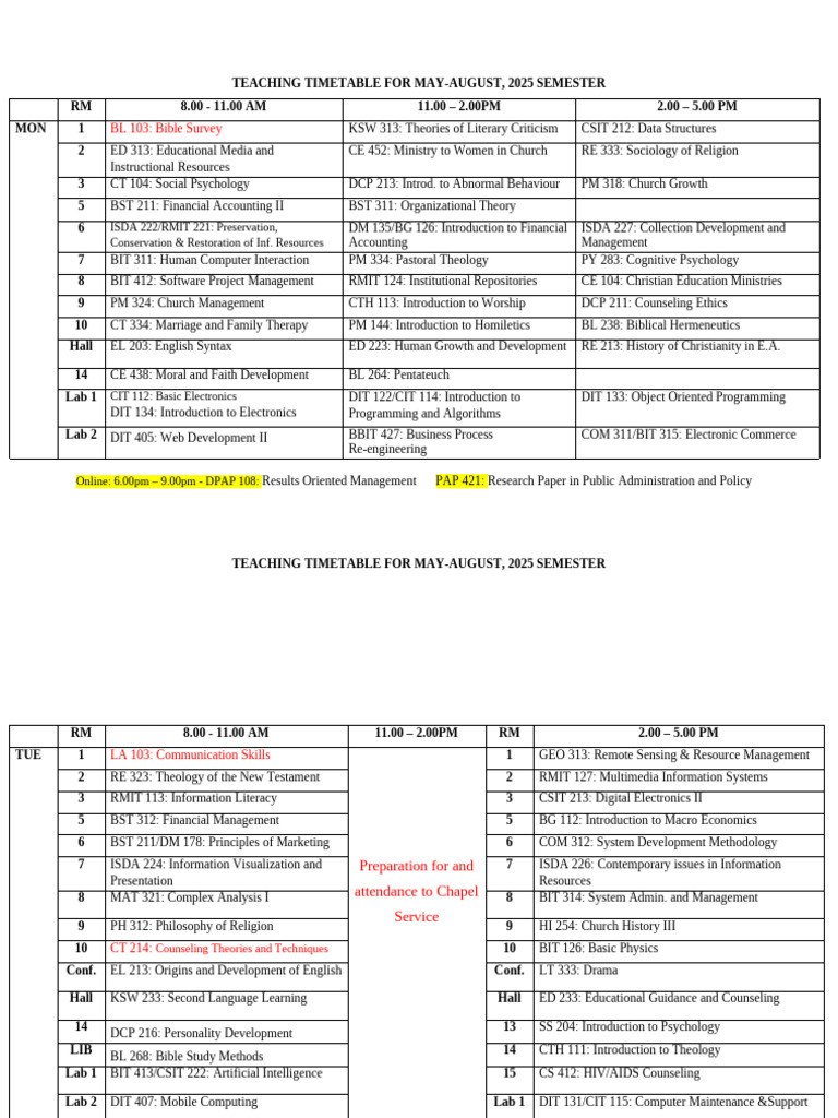 May 2025 Teaching Timetable | PDF