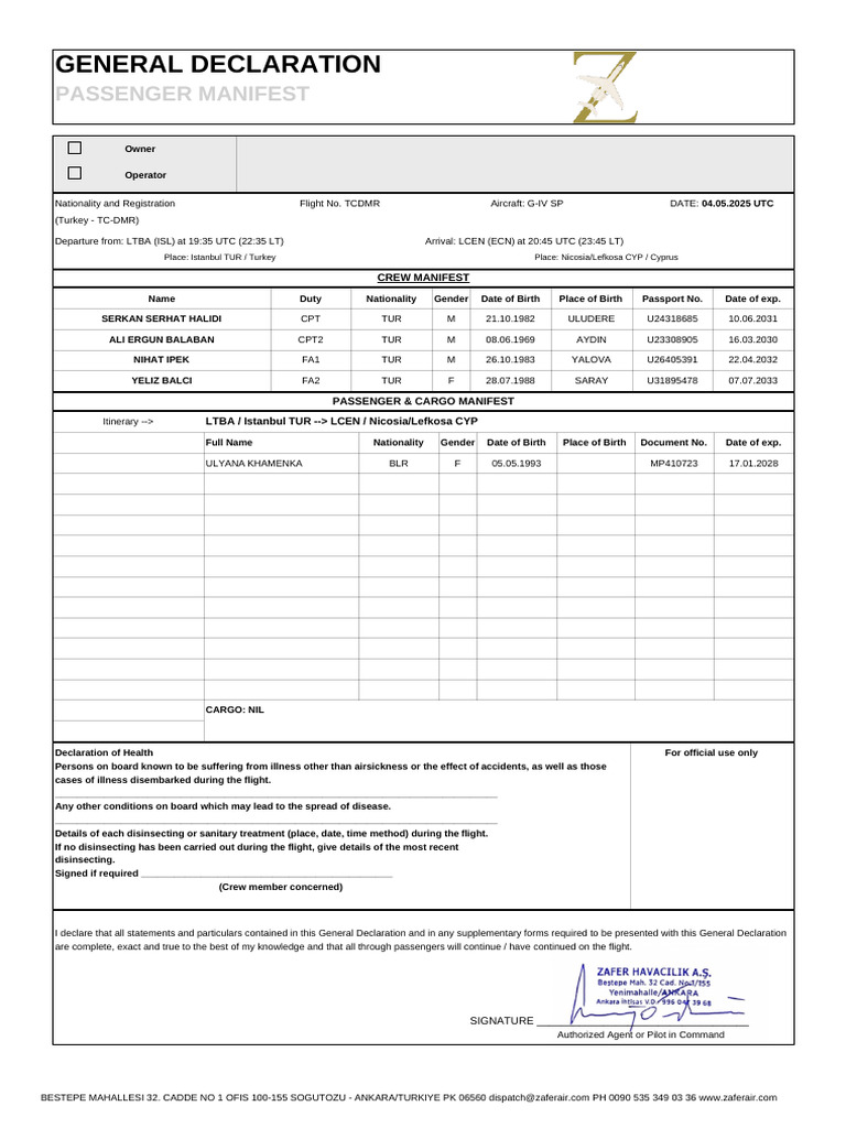 Flight TCDMR General Declaration Document | PDF | Aviation | Transport