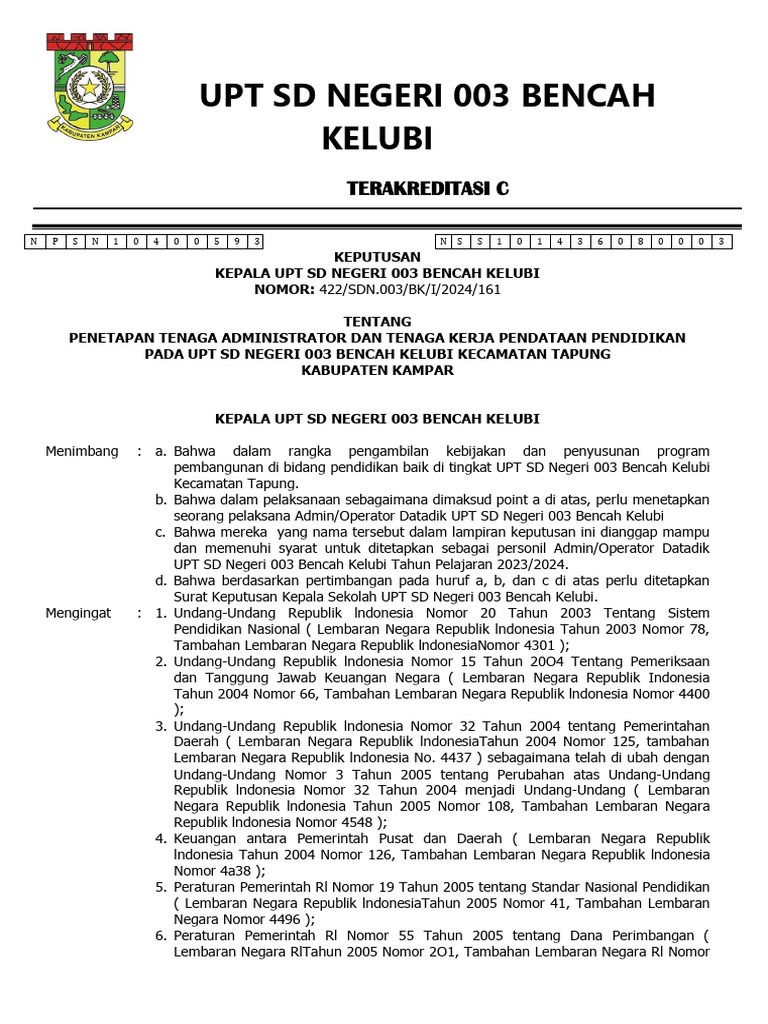 Penetapan Admin Datadik UPT SD 003 | PDF