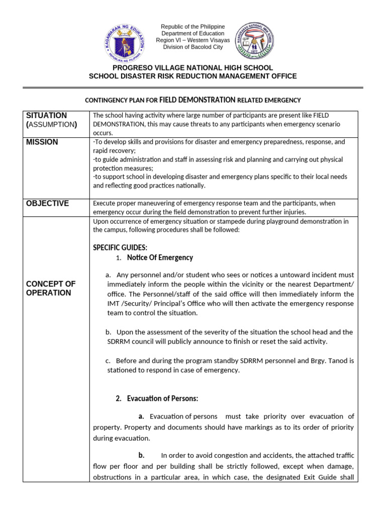 CONTINGENCY PLAN Field Demo EDITED 4 | PDF | Emergency | Emergency ...