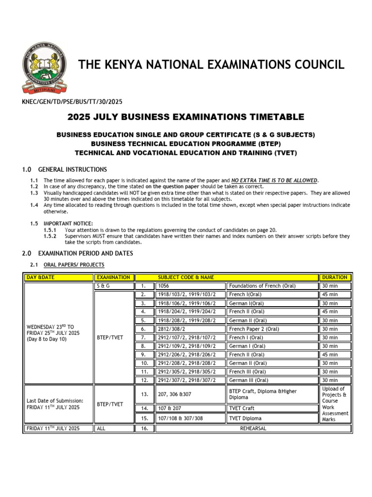 July 2025 KNEC Business Exam Timetable | PDF | Business | Economies