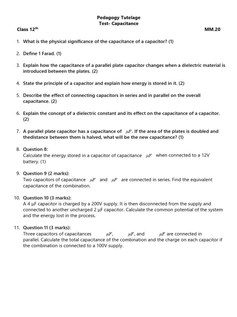 Class 12 Capacitance Exam Questions | PDF