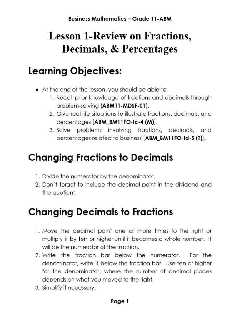 Study Note #1-Review On Fractions, Decimals, & Percentages | PDF ...