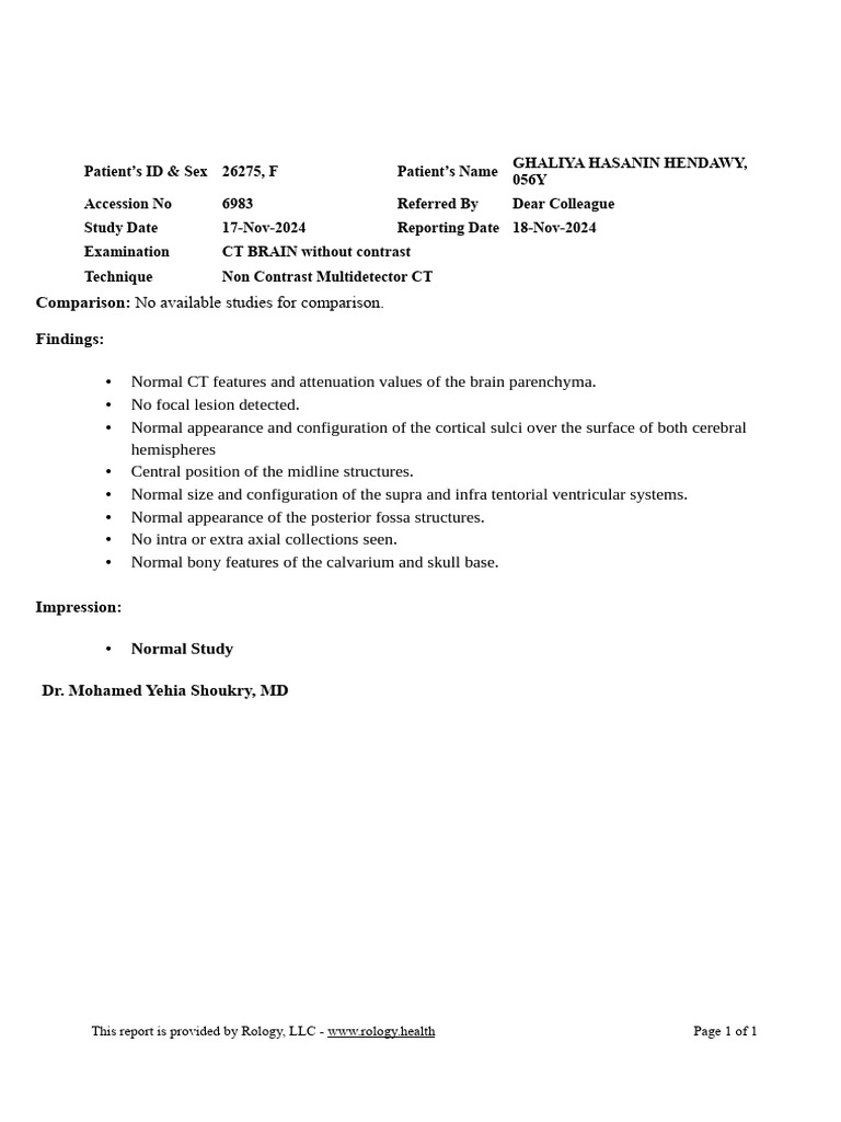 Normal CT Brain Report for Patient 26275 | PDF