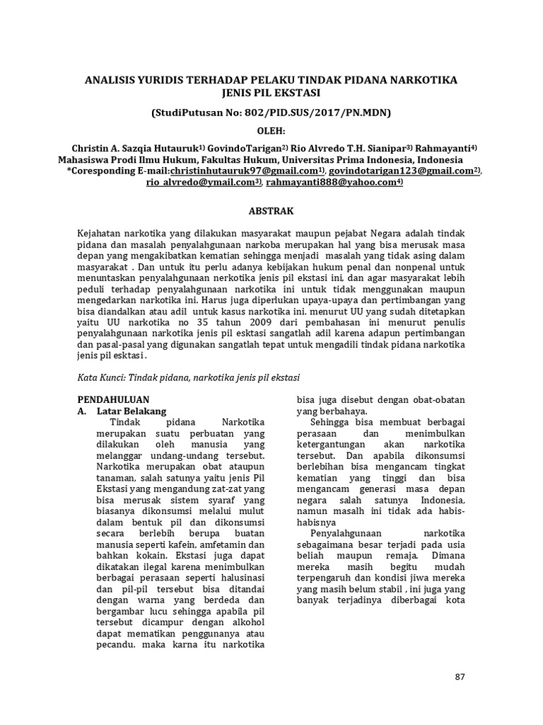 Analisis Yuridis Terhadap Pelaku Tindak Pidana Narkotika Jenis Pil ...
