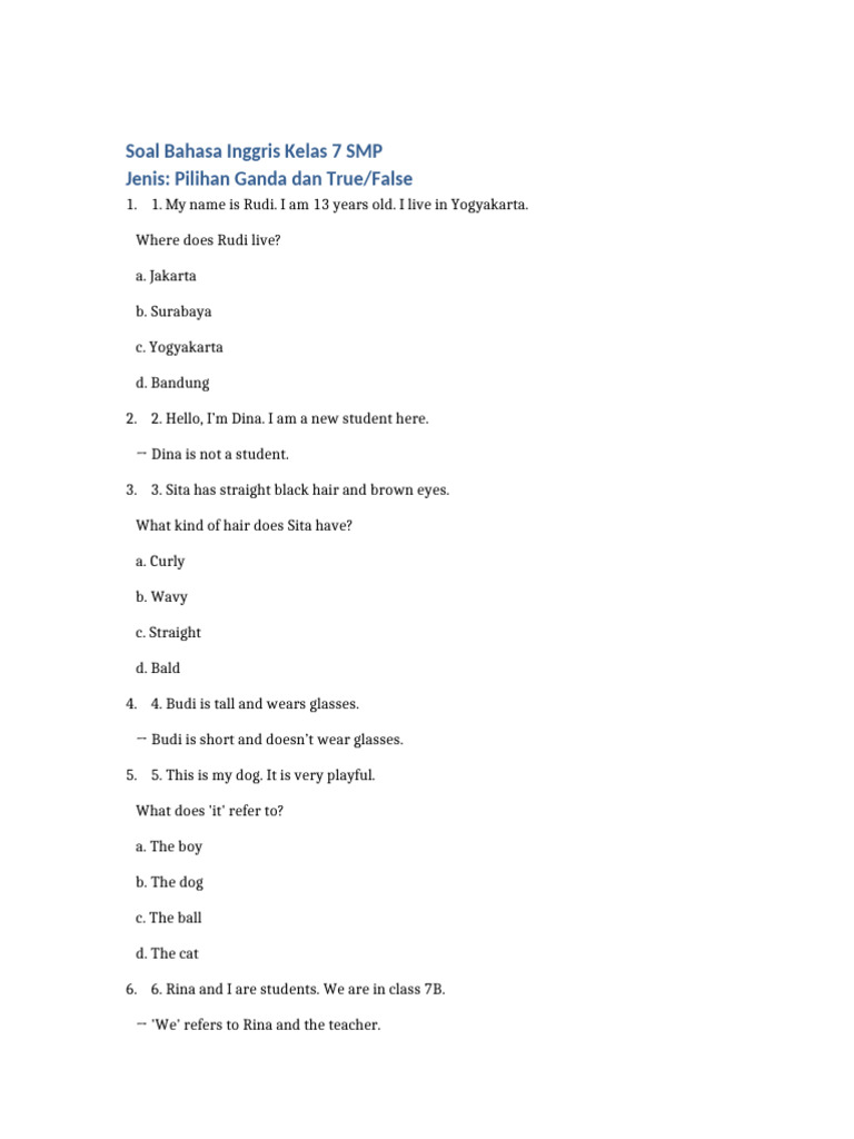 Soal Bahasa Inggris Kelas 7 SMP Mixed Fixed | PDF
