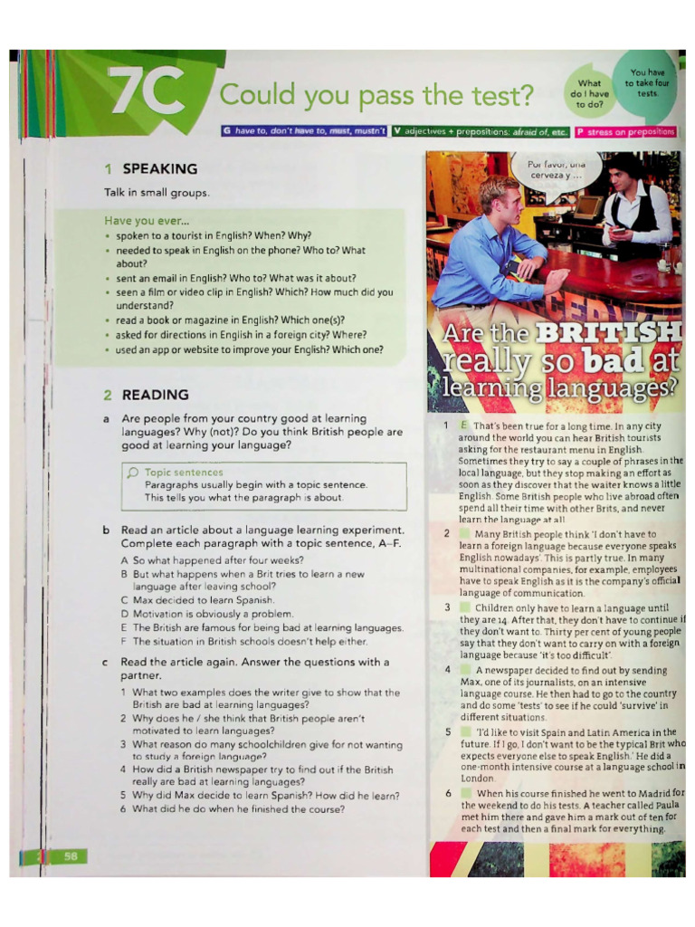 (ENEST) English File (4th) Pre Intermediate - Unit 7C SB PG 58 | PDF