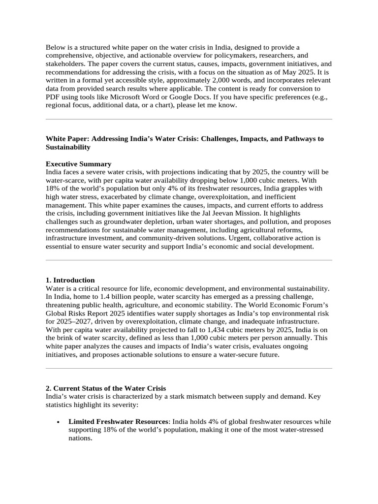 India's Water Crisis: Causes and Solutions | PDF | Water Scarcity ...