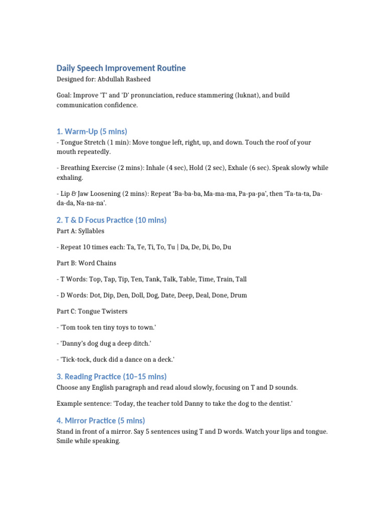 Daily Speech Routine for T & D Sounds | PDF