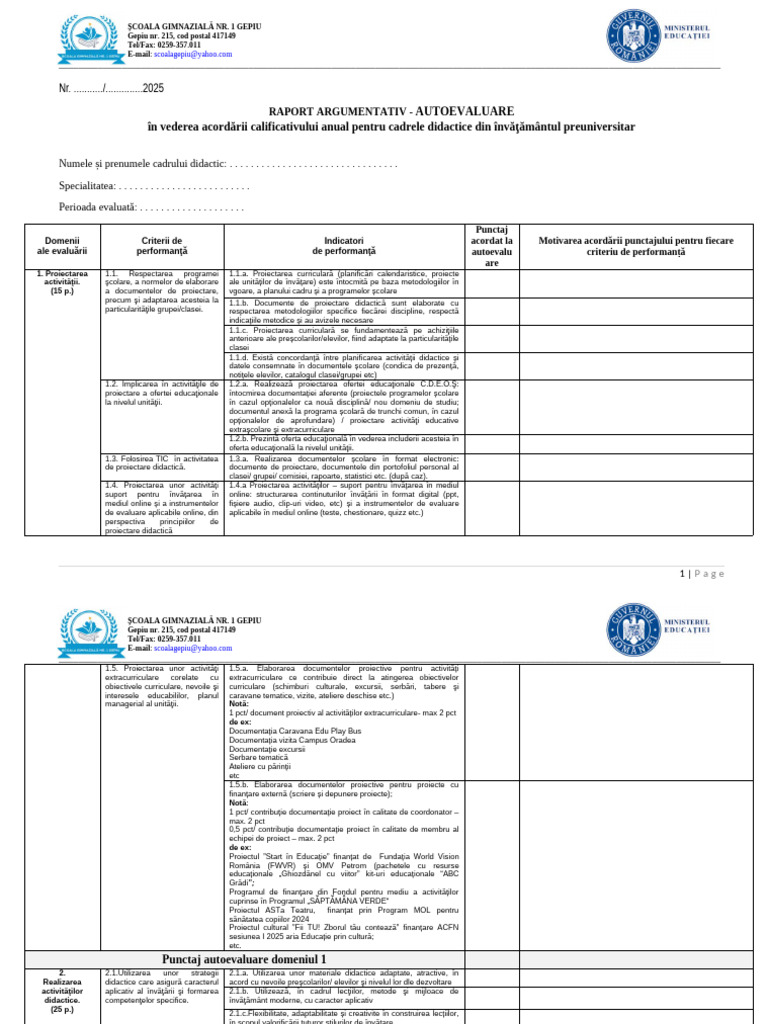 Raport Autoevaluare 2024 2025 - Template | PDF