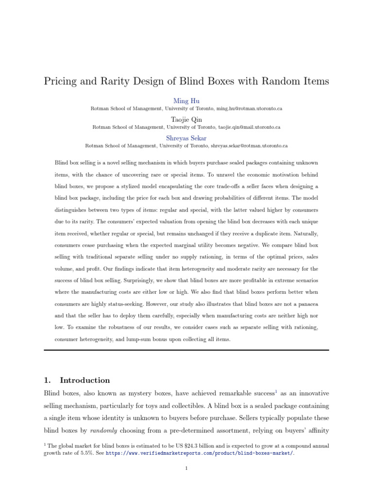 Pricing and Rarity Design of Blind Boxes With Random Items | PDF ...