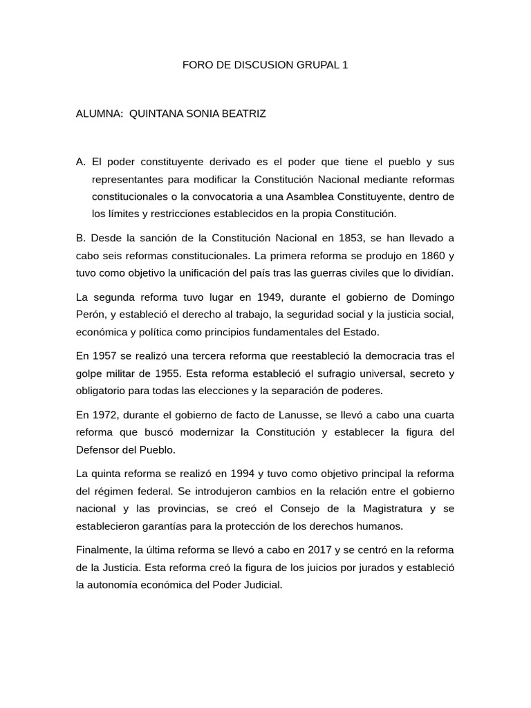 FORO DE DISCUSION GRUPAL 1 | PDF | Constitución | Documentos legales