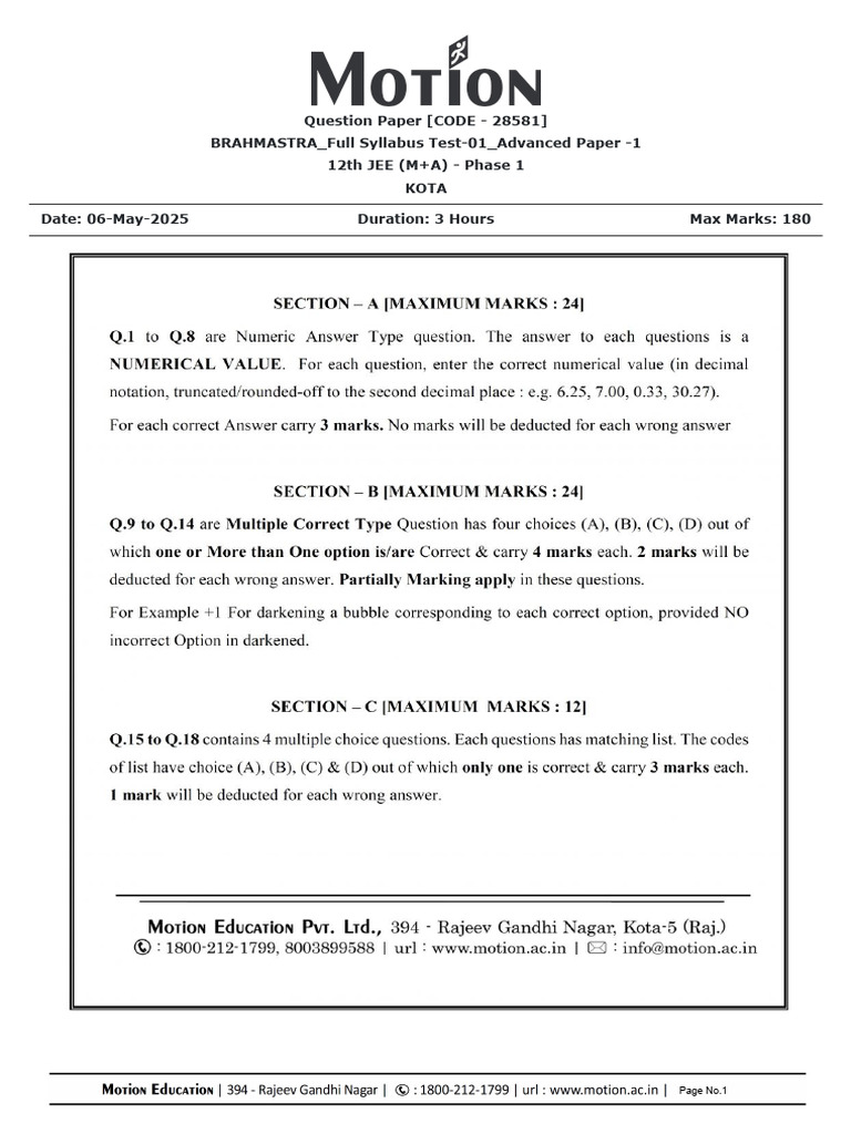BTS FST-01 Paper -1 Advanced Paper | PDF
