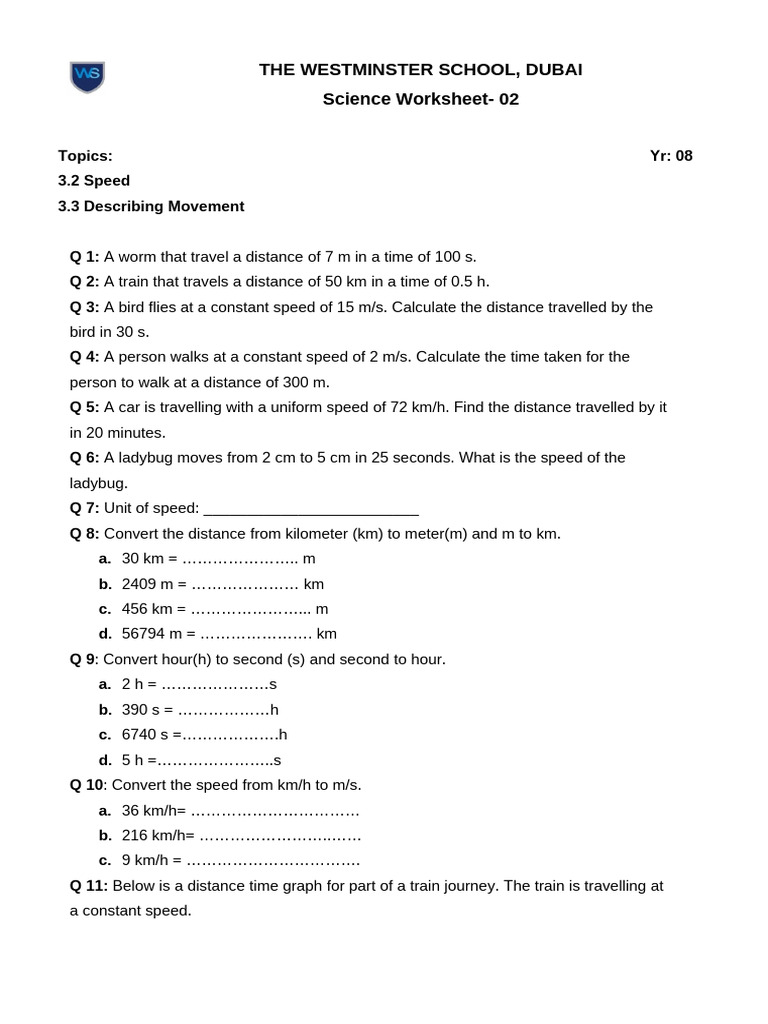 Year 8 Speed and Motion Worksheet | PDF | Speed | Mechanics