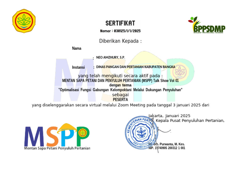 Sertifikat Peserta Talk Show MSPP 2025 | PDF