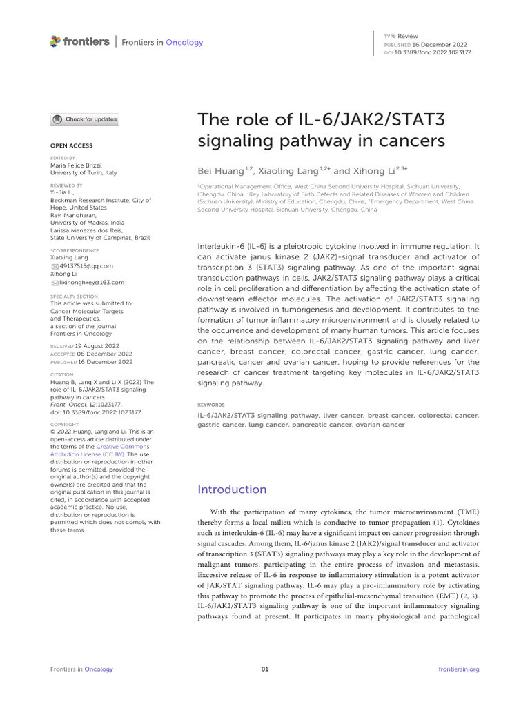 The Role of IL-6-JAK2-STAT3 Signaling Pathway in Cancers | PDF ...