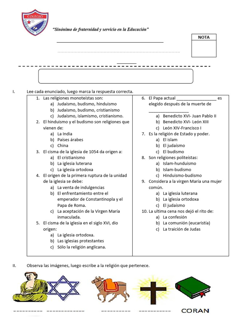 Examen Bimestral de Religión IV (IB) | PDF | Iglesia cristiana | María ...