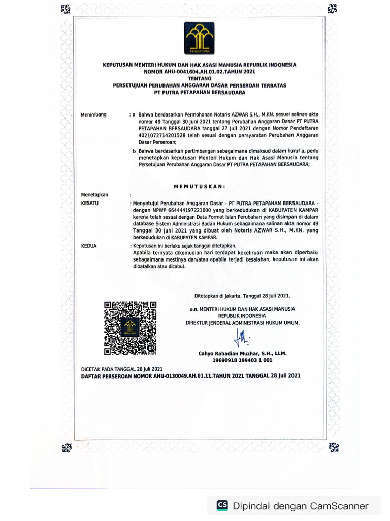 SK Mentri Hukum & Ham PT Putra Putra Pet - 240313 - 144146 | PDF