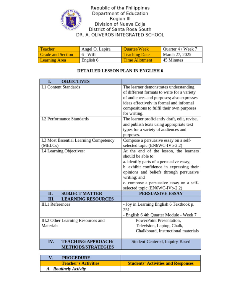 Detailed Lesson Plan: Persuasive Essay | PDF | Essays | Classroom