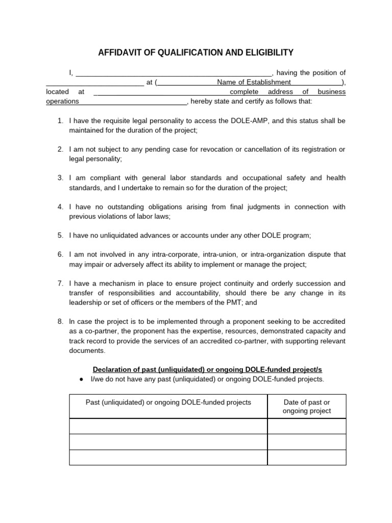 Affidavit of Qualification and Eligibillity For DOLE | PDF ...