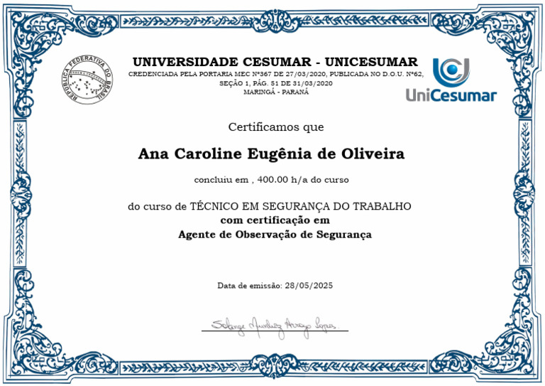 Certificado de Técnico em Segurança do Trabalho | PDF