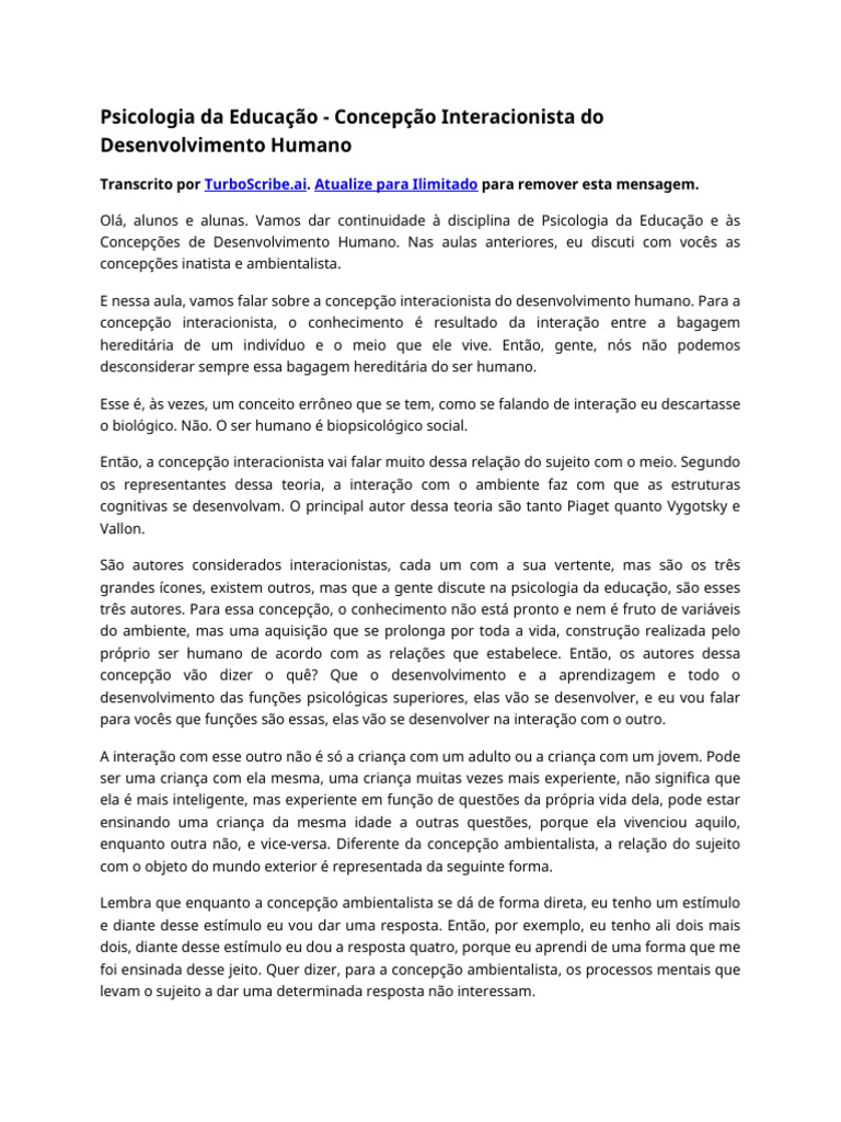 Concepção Interacionista na Educação | PDF | Aprendizado | Psicologia ...